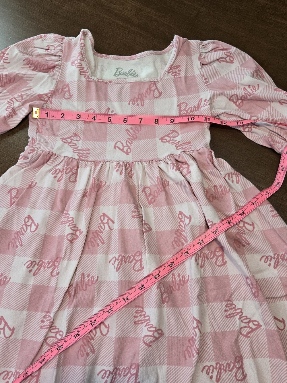 Barbie Girls Pink White Check Logo Graphic Puff Sleeve Fit & Flare Dress Medium - Picture 4 of 5